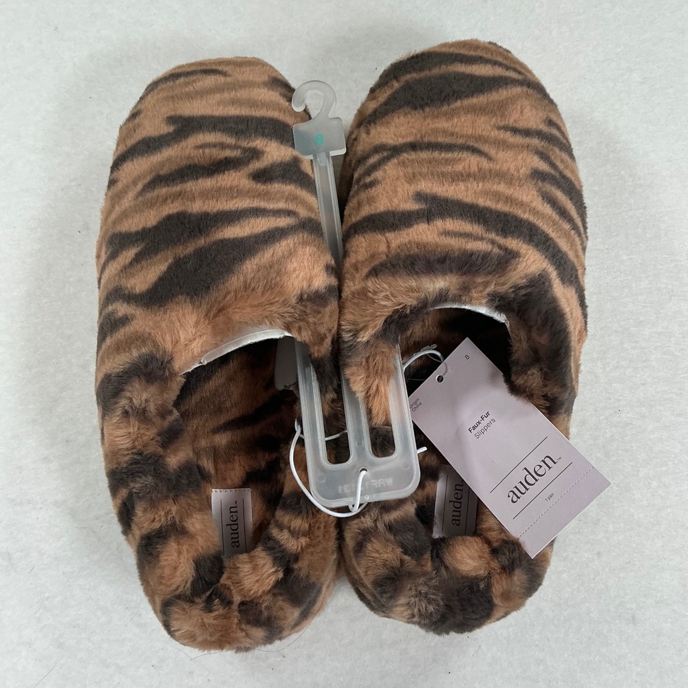 Auden Women Brown Tiger Print Faux Fur Slippers Size 8 NWT Animal Loungewear